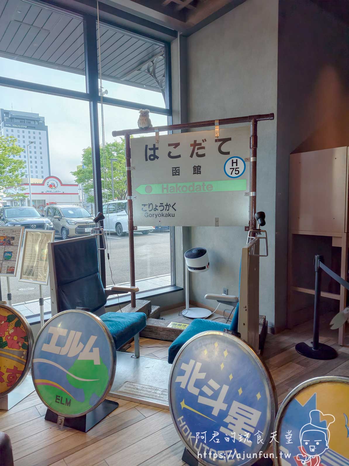 JR INN 函館 大廳展示函館站名牌與北斗星、ELM 列車頭牌 - 阿君的玩食天堂