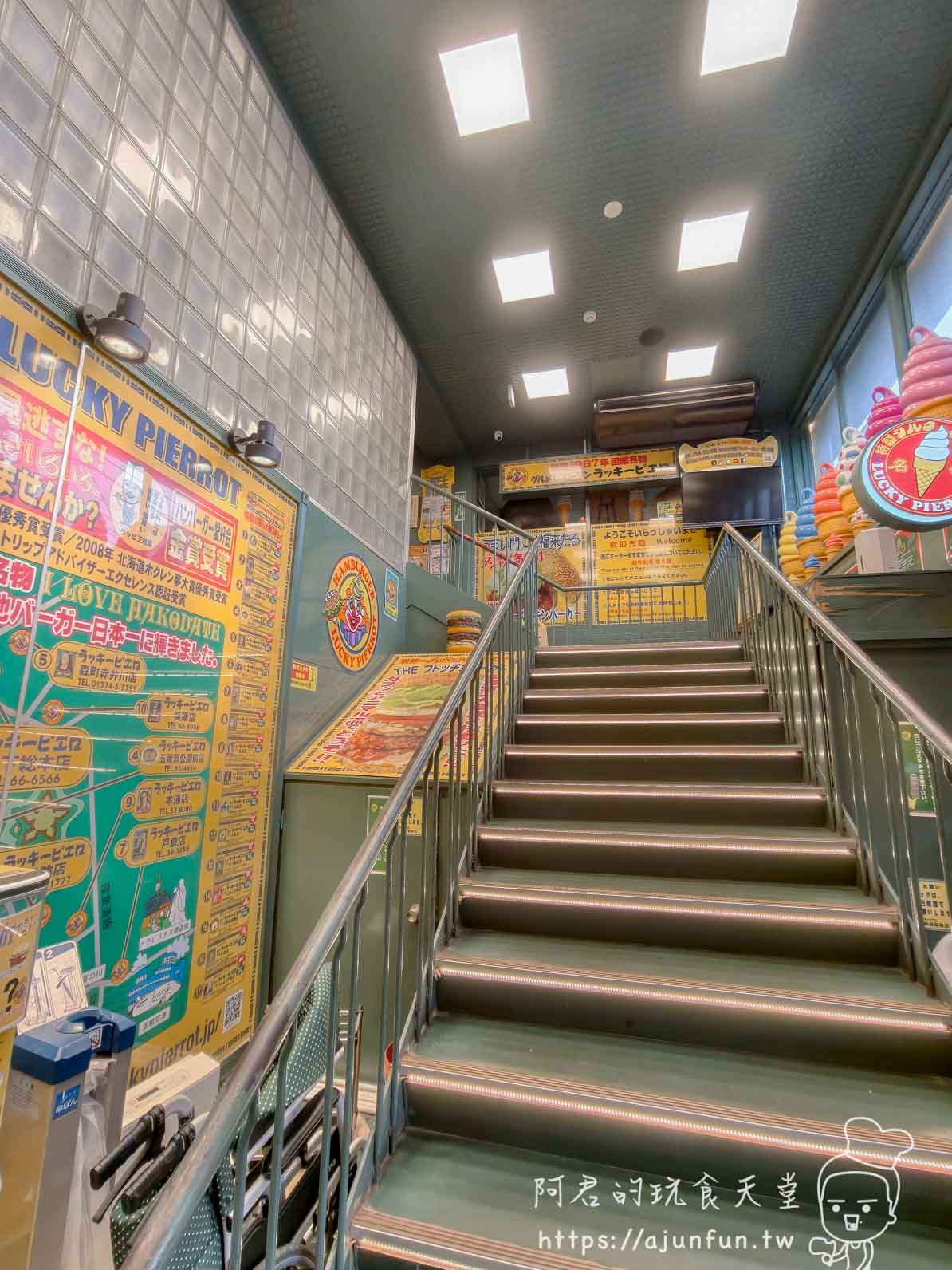 【函館必吃】幸運小丑漢堡 函館駅前店|中華炸雞堡必點、價格菜單與排隊攻略2026 - 第4張圖 ラッキーピエロ 函館駅前店 通往二樓用餐區狹窄金屬扶手樓梯 - 阿君的玩食天堂