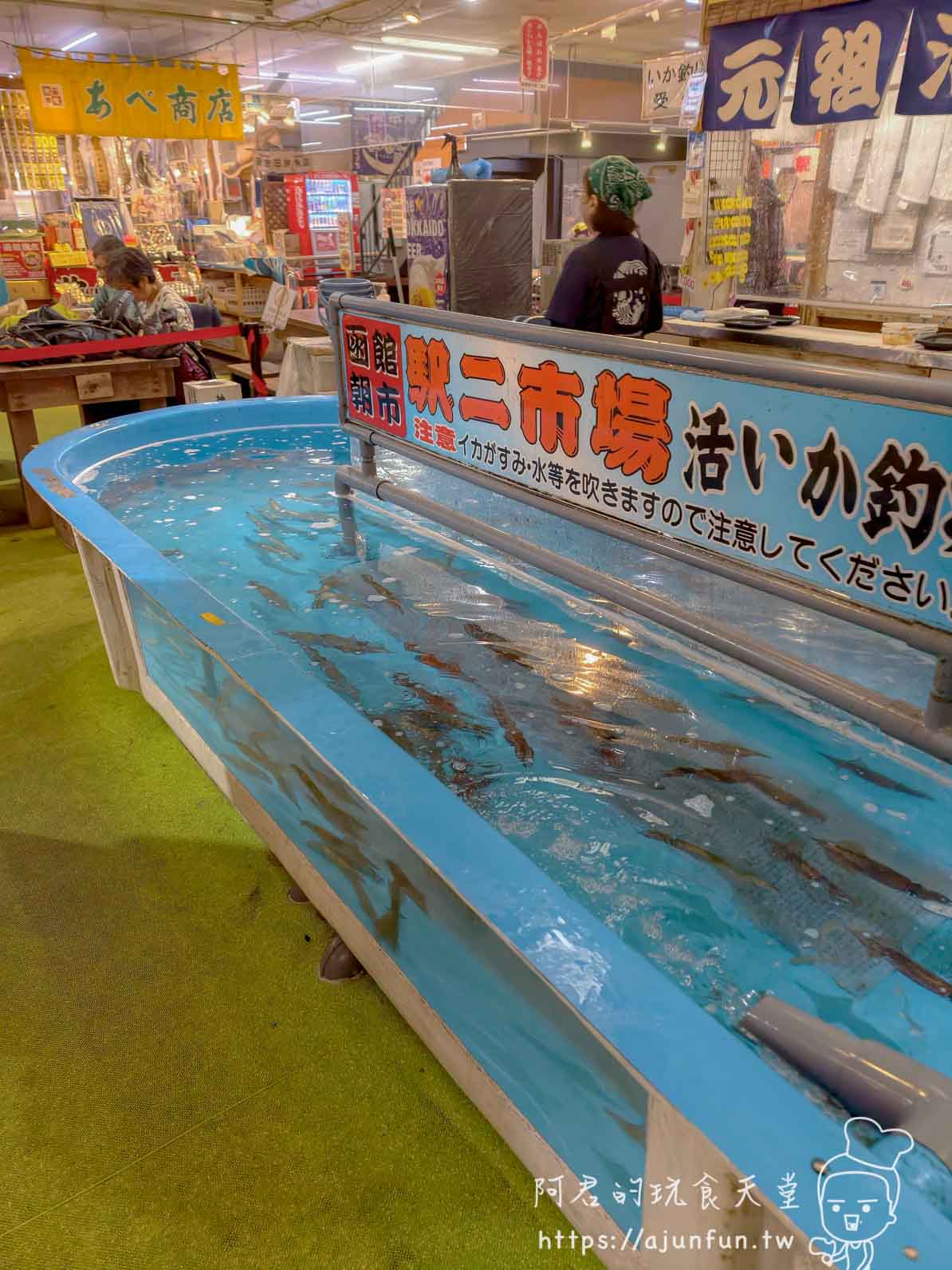 【函館朝市美食】元祖活烏賊釣堀|現釣現切刺身體驗(2026) - 第4張圖 元祖活烏賊釣堀 函館朝市駅二市場藍色橢圓大水槽全景 - 阿君的玩食天堂