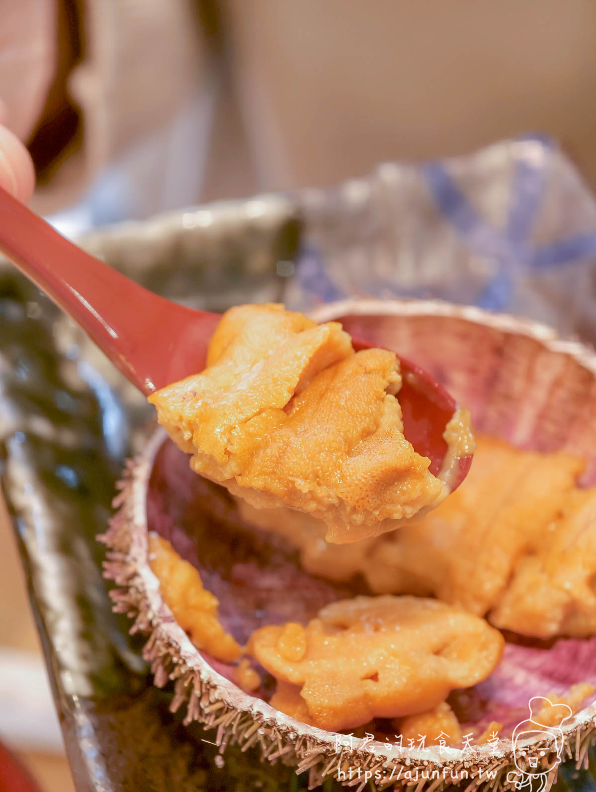 うにむらかみ 函館本店 紅木匙舀起飽滿橙黃海膽特寫 - 阿君的玩食天堂