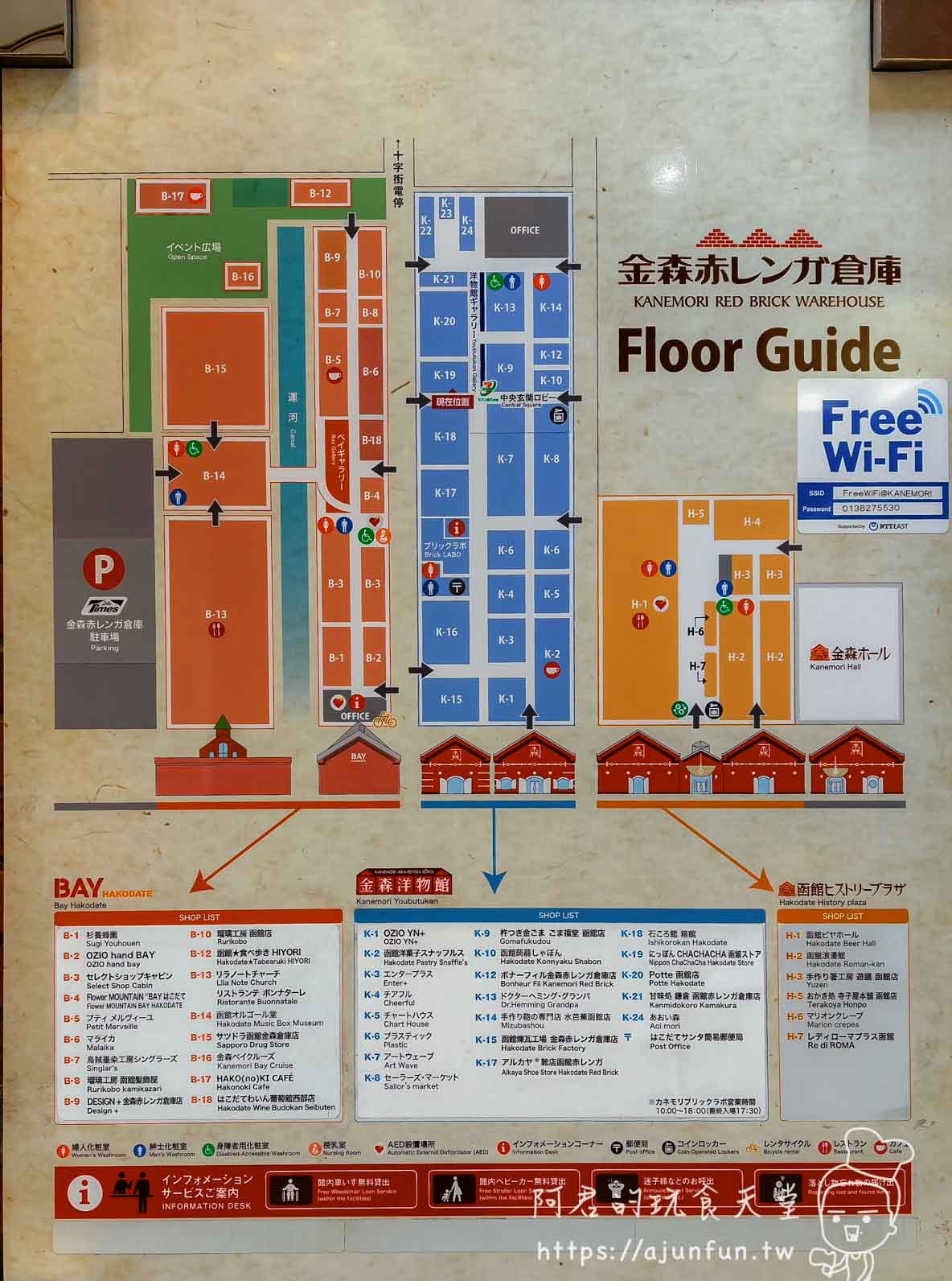 金森赤レンガ倉庫室內Floor Guide全區地圖板三大分區標示免費Wi-Fi帳密