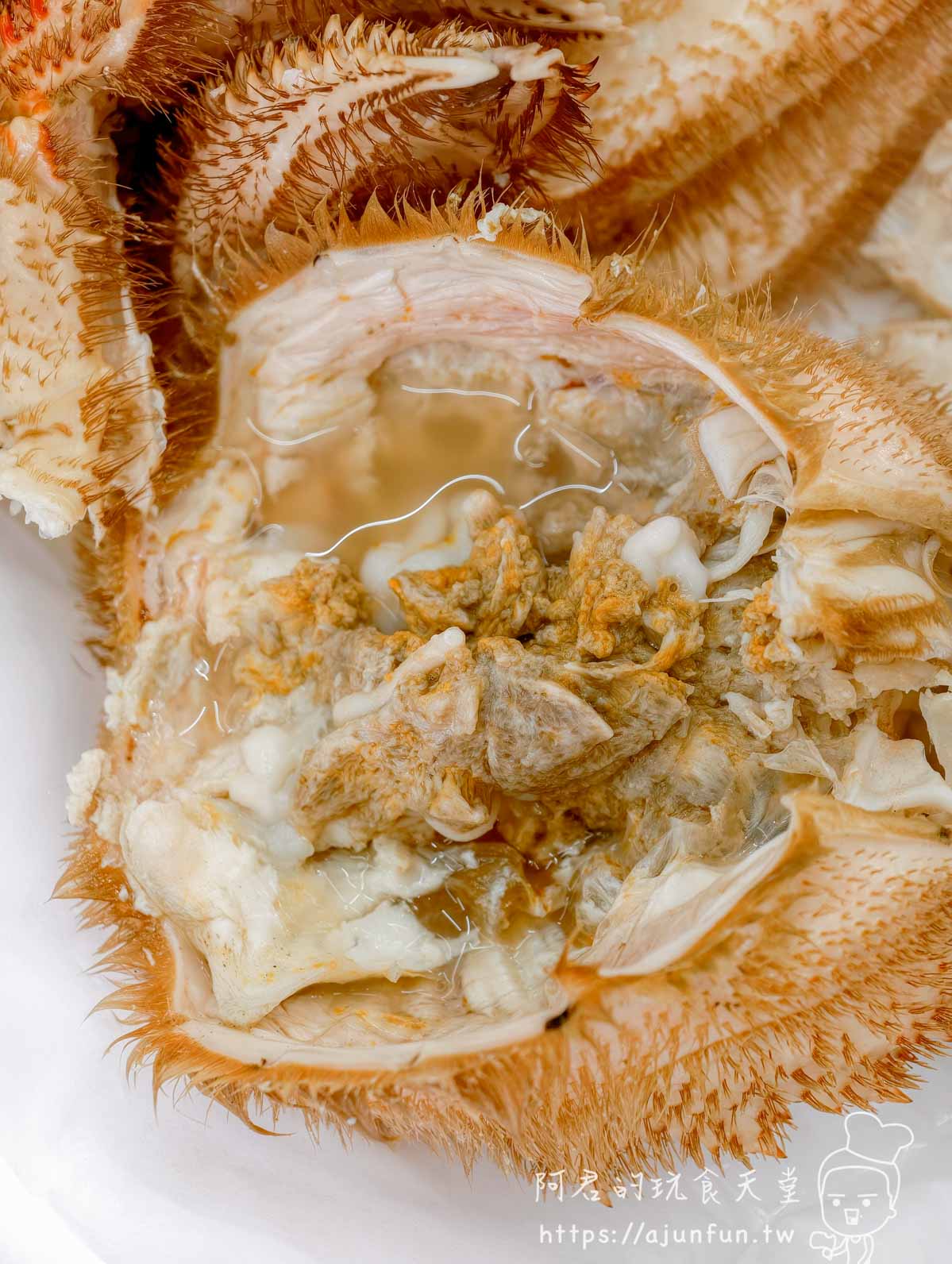 稲場魚介苑 北海道毛蟹蟹殼內蟹膏特寫 黃綠複合色半稠狀附著殼壁 - 阿君的玩食天堂