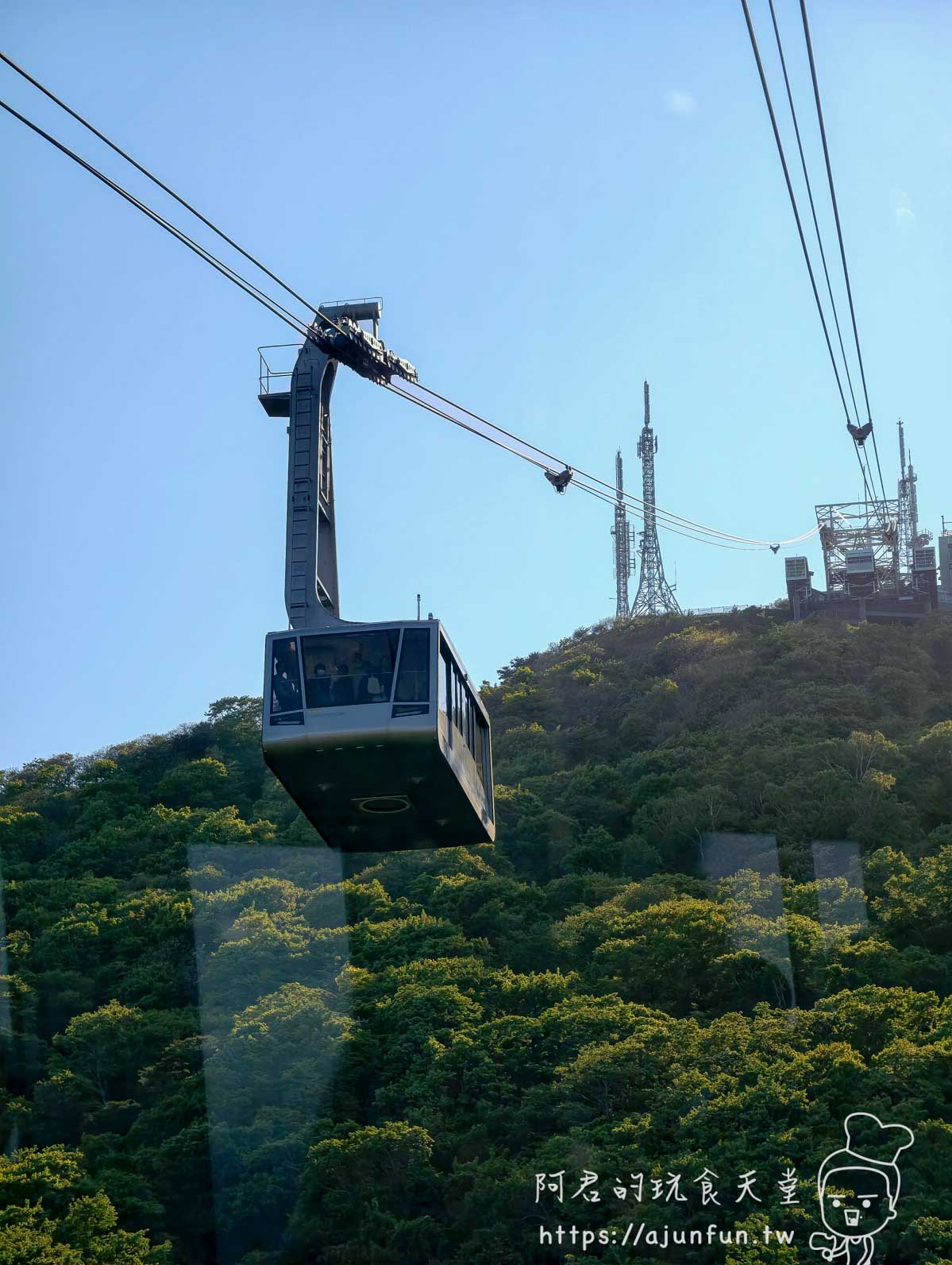 函館山纜車 深灰色車廂正面與山頂鐵塔 - 阿君的玩食天堂