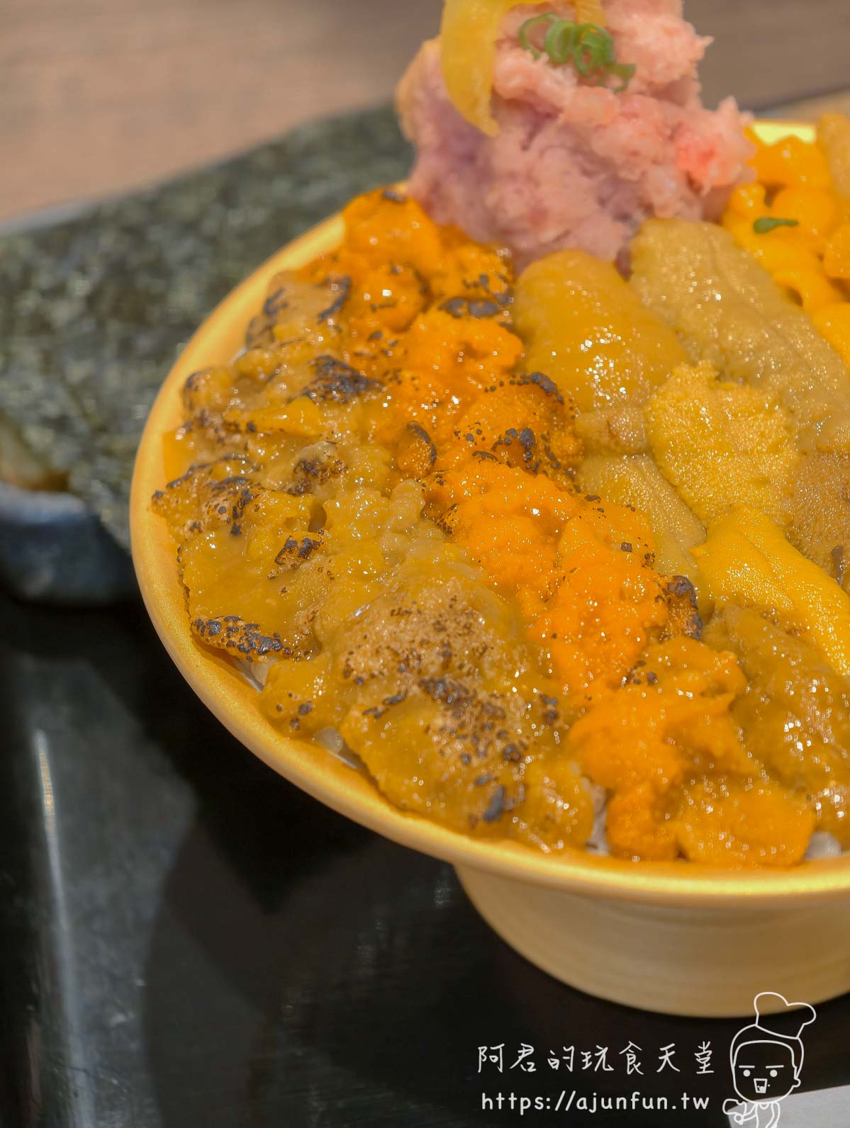 世壱屋函館朝市店 五大海膽丼炙燒深橙褐焦紋緊鄰鮮橙生海膽對比特寫 - 阿君的玩食天堂