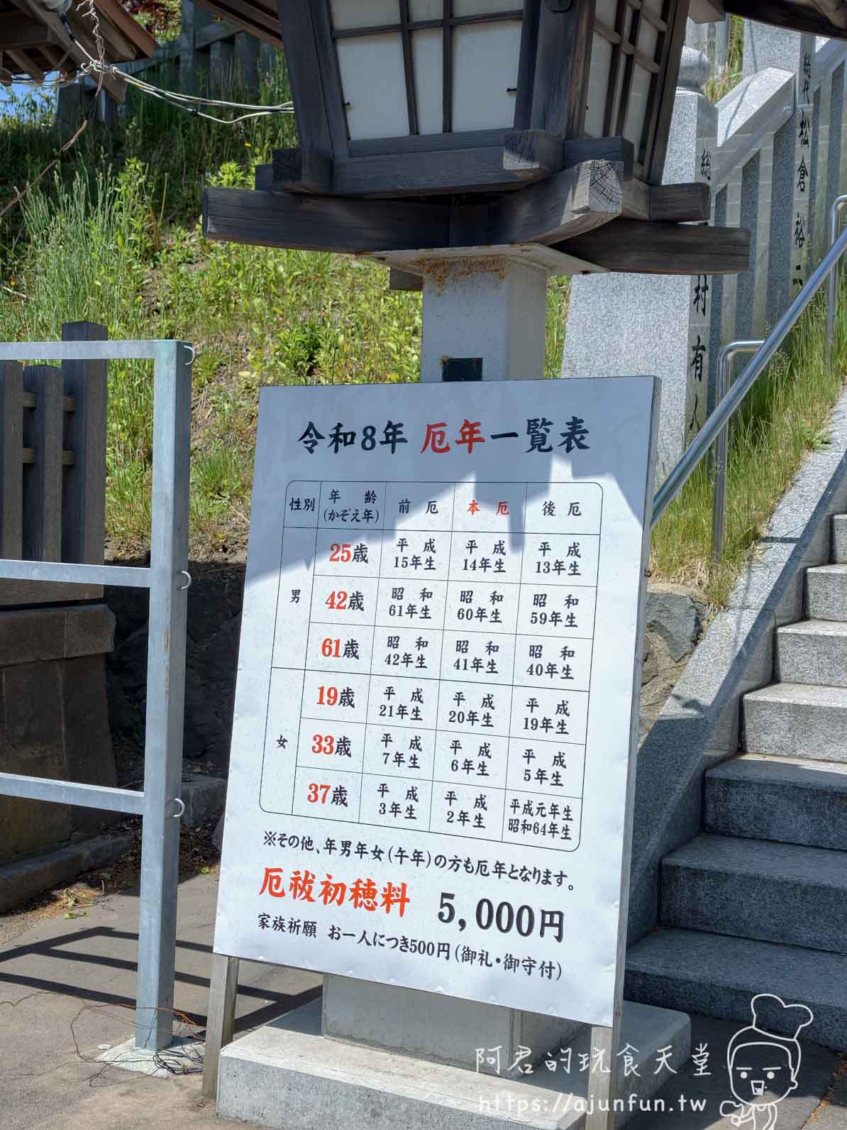 湯倉神社 函館 令和8年厄年一覧表與厄祓初穗料5000円告示牌 - 阿君的玩食天堂