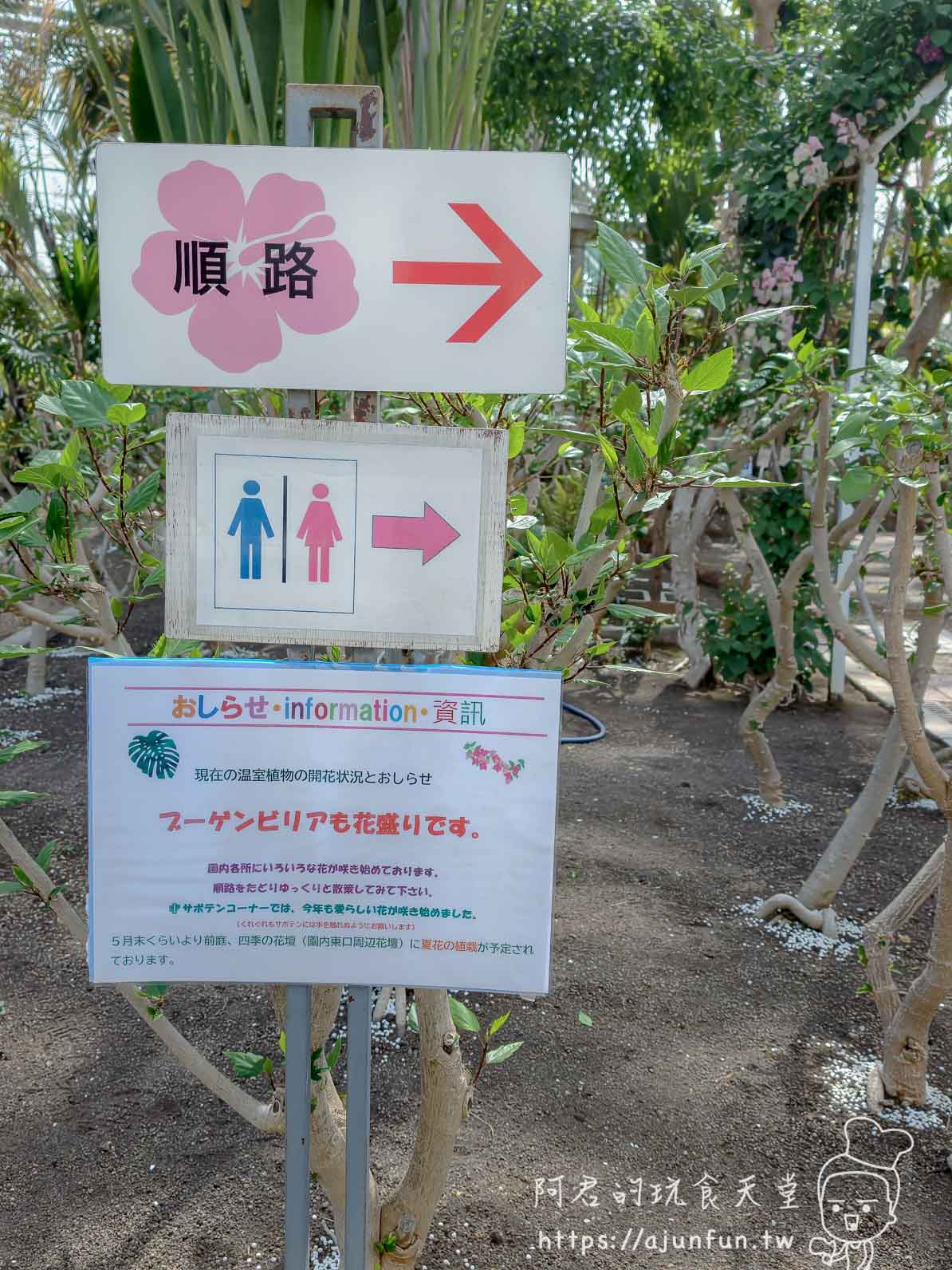 【函館景點】函館市熱帶植物園|泡湯猴攻略與值不值(2026) - 第24張圖 函館市熱帶植物園 園內順路指示牌與九重葛盛開告示 - 阿君的玩食天堂