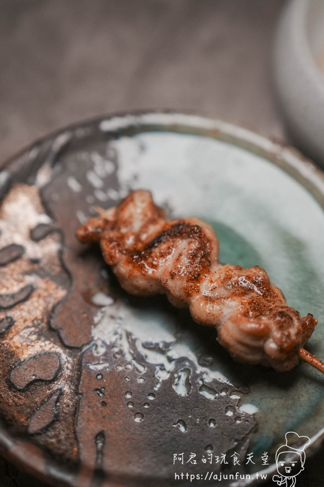 横浜焼鳥·達磨台中崇德店 燒烤肉串特寫置於窯燒陶盤 - 阿君的玩食天堂