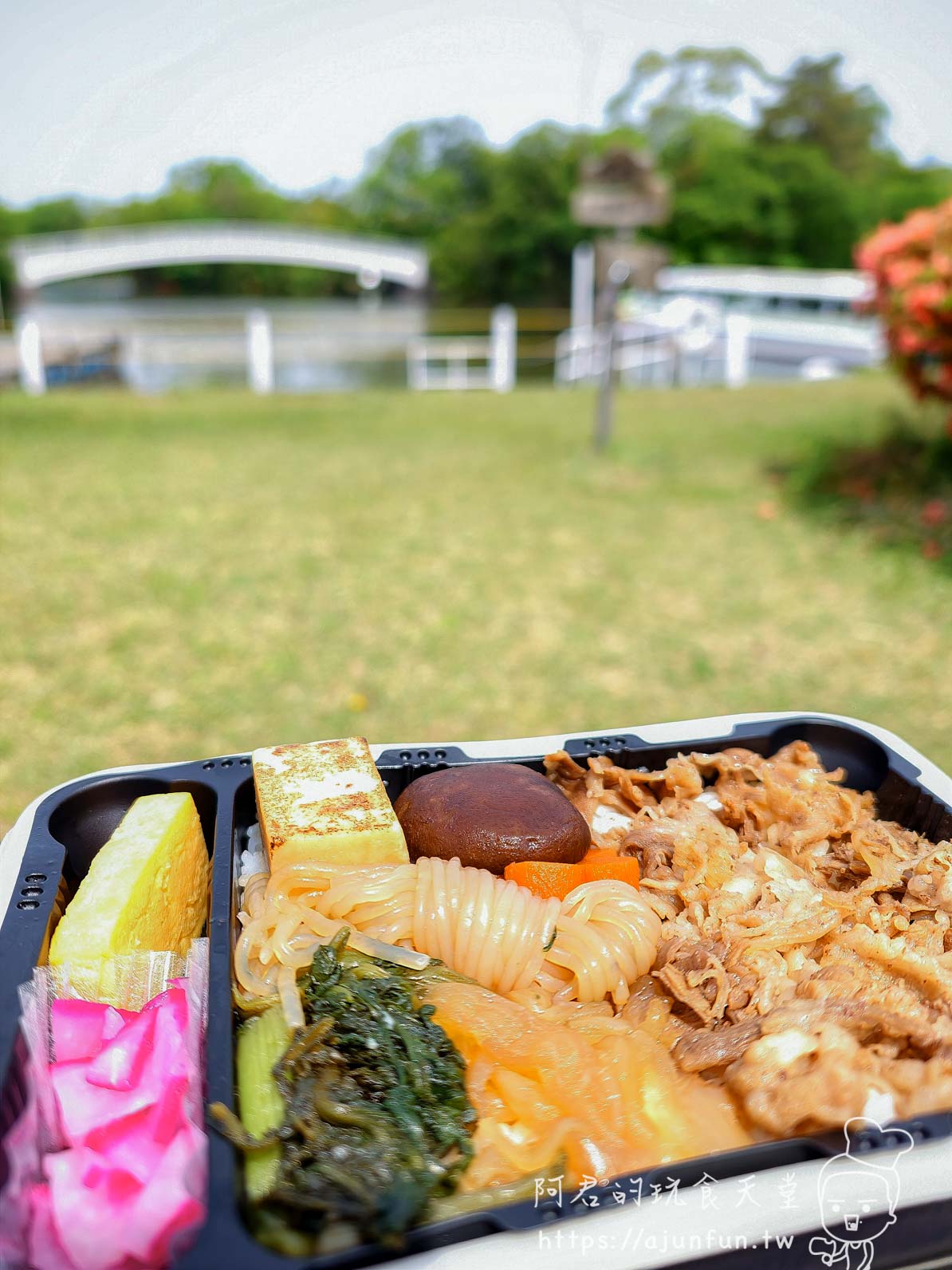 大沼公園 湖畔野餐便當與白色拱橋景色 - 阿君的玩食天堂