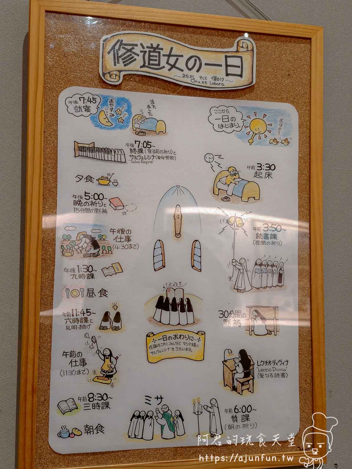 【函館景點】特拉普女子修道院攻略|免費門票、交通、開放時間與停車資訊 - 第23張圖 トラピスチヌ修道院 修道女の一日 作息時間表手繪海報 - 阿君的玩食天堂