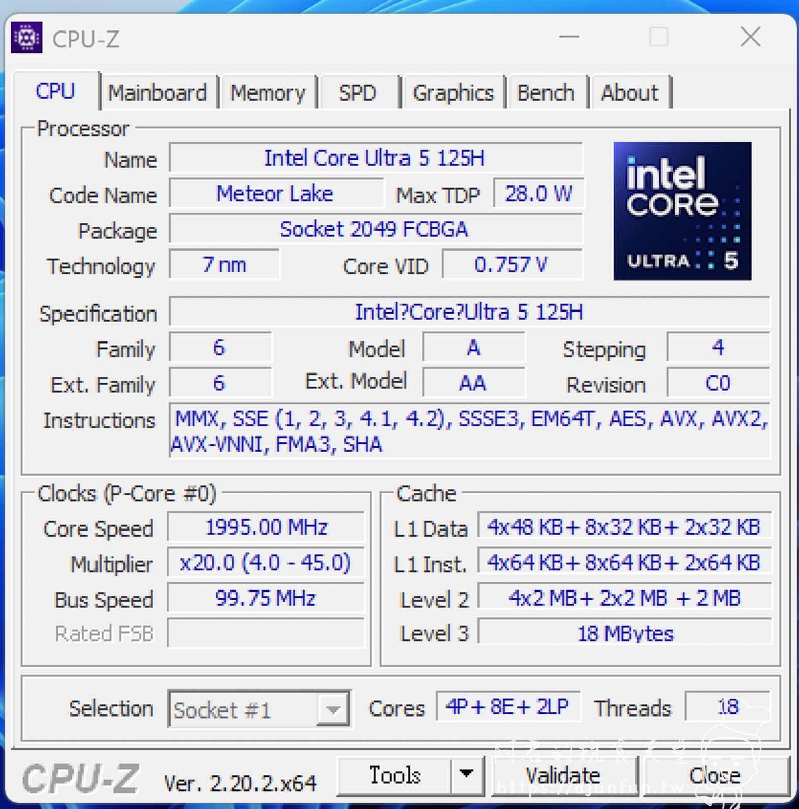 CPU-Z：Intel Core Ultra 5 125H、Meteor Lake、處理器基礎功耗 28W、4P+8E+2LP 共 18 執行緒、L3 18MB