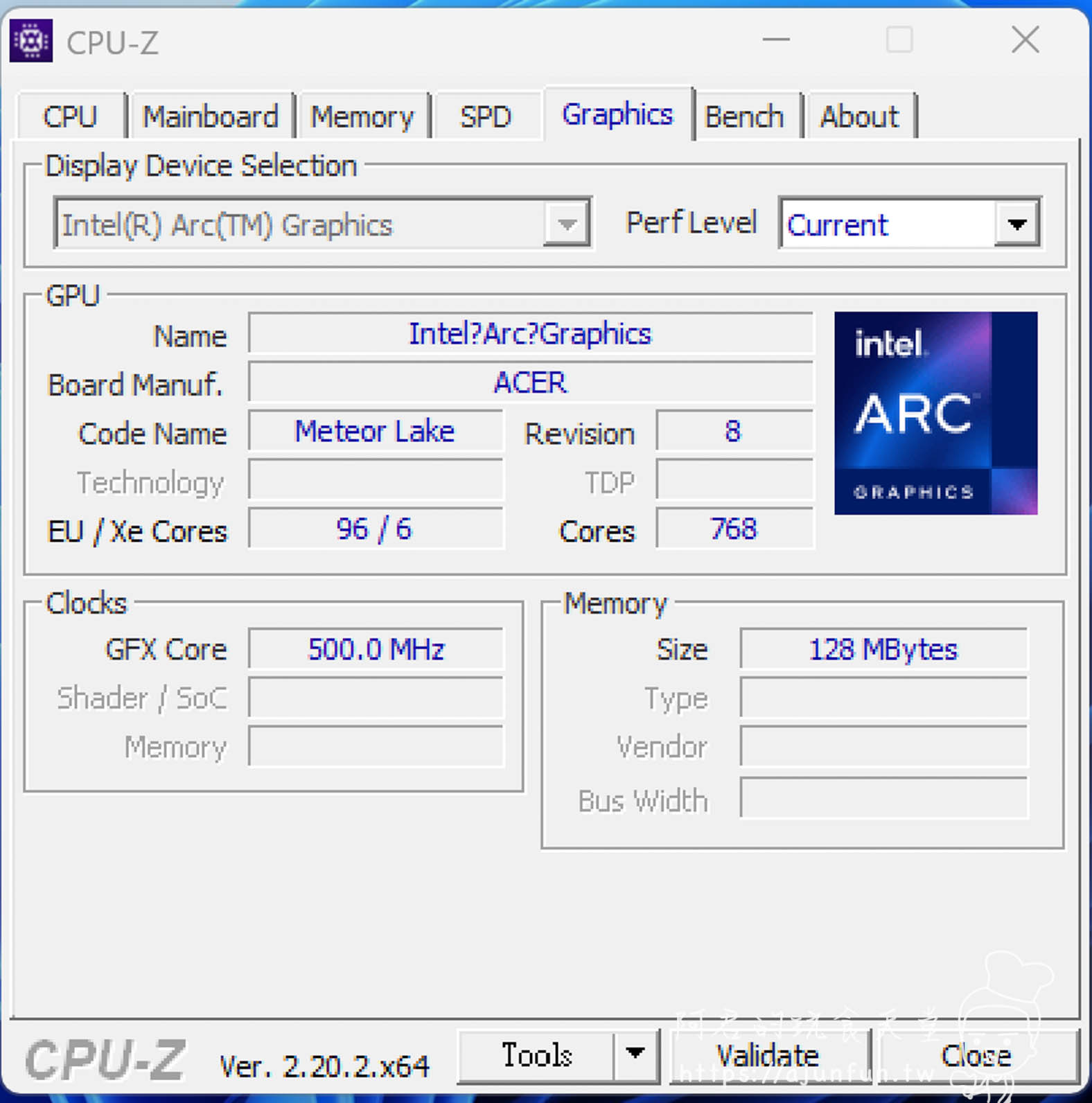 CPU-Z：確認搭載 Intel Arc Graphics 內顯（Intel 官方規格為 7 個 Xe 核心；畫面即時時脈會隨負載變動，不代表最高頻率）