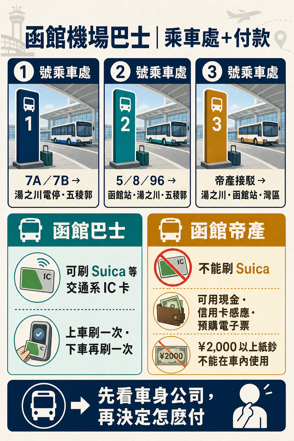 函館市交通2026|函館站、湯之川、五稜郭巴士票價與乘車處 - 第5張圖 函館機場一至三號巴士乘車處與 Suica、現金及信用卡付款方式