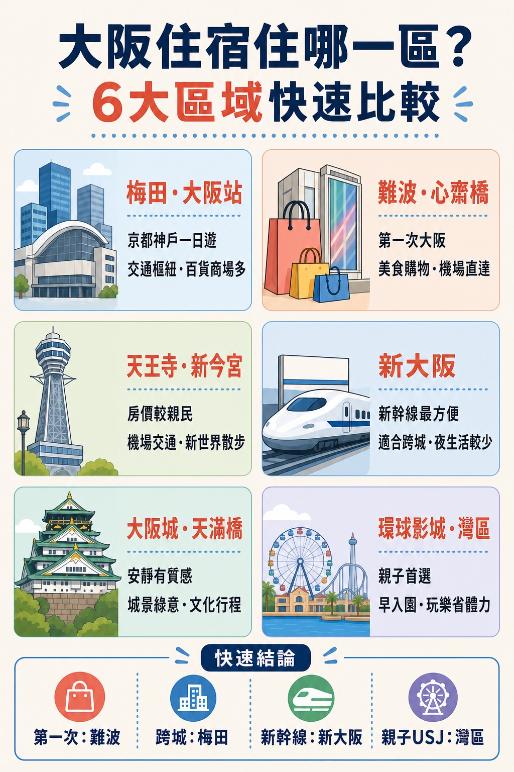 大阪六大住宿區域快速比較一頁式攻略圖
