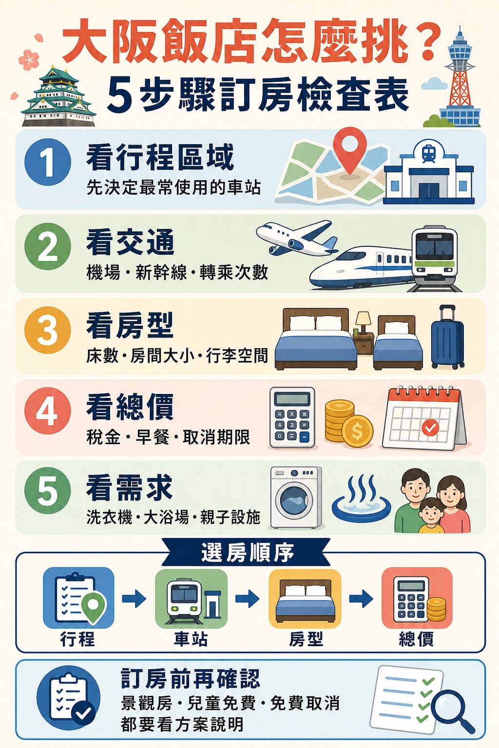 大阪飯店五步驟訂房檢查表一頁式攻略圖